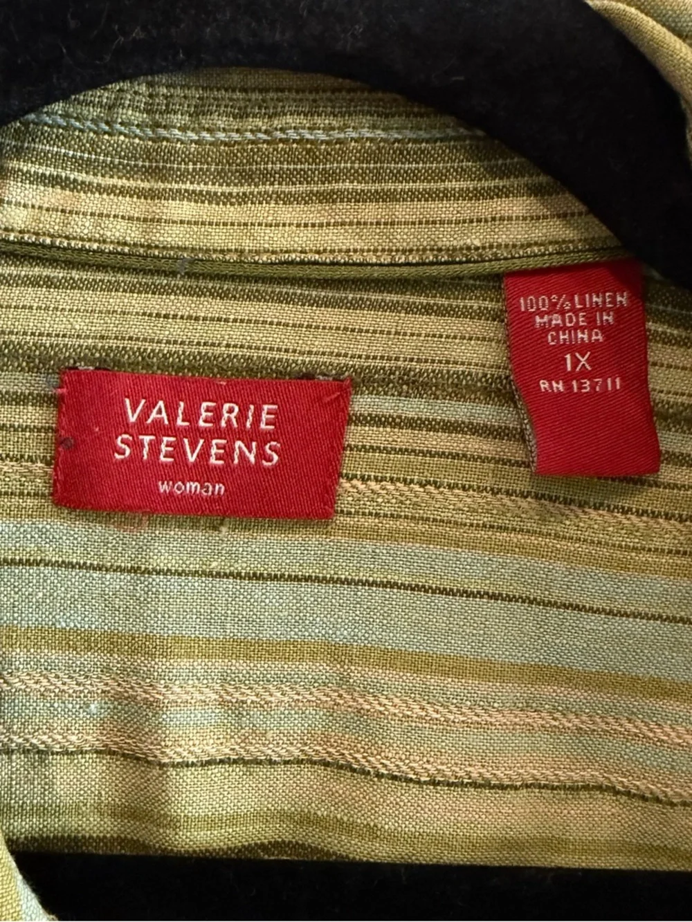 100% Linen Valerie Stevens Olive and Tan Striped Button-Down Shirt - Picture 3 of 6